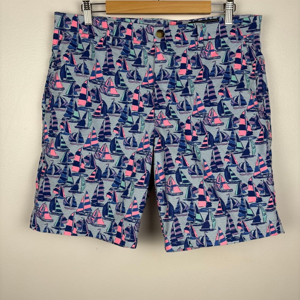 Vineyard Vines Mens 9" Sailboats Breaker Shorts Sz 34 Blue Stretch Beach Novelty